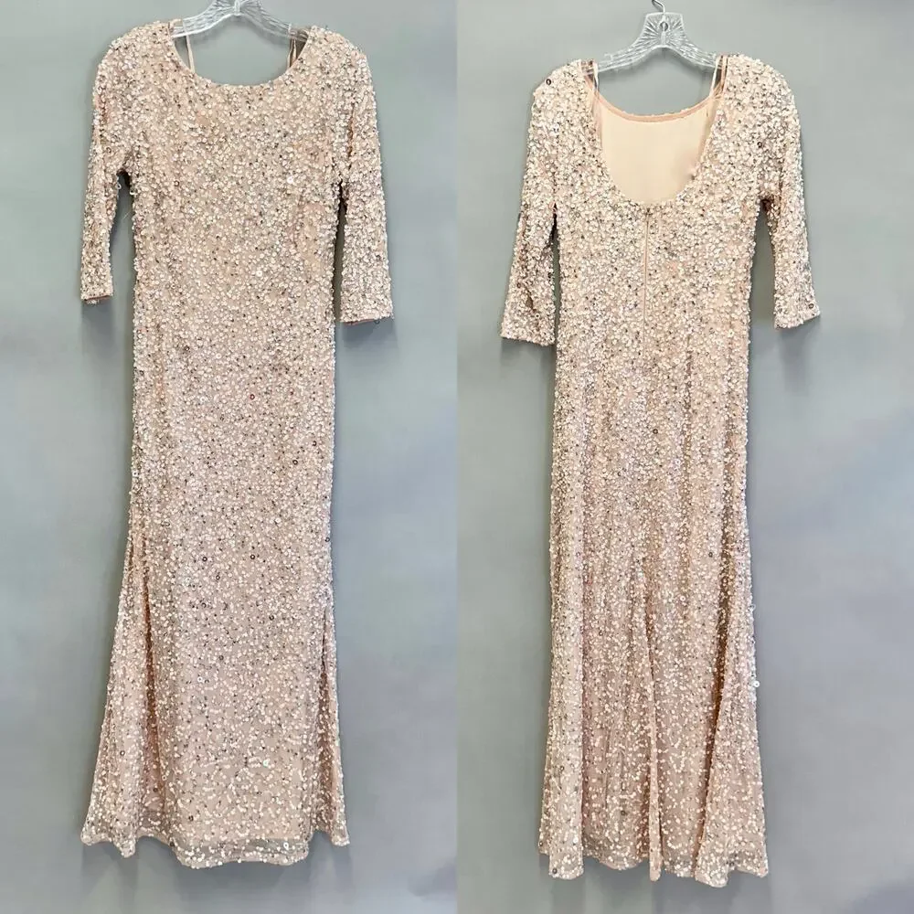 Adrianna Papell 3/4 Sleeve Scoop Back Champagne Sequin‎ Maxi Gown Size 4